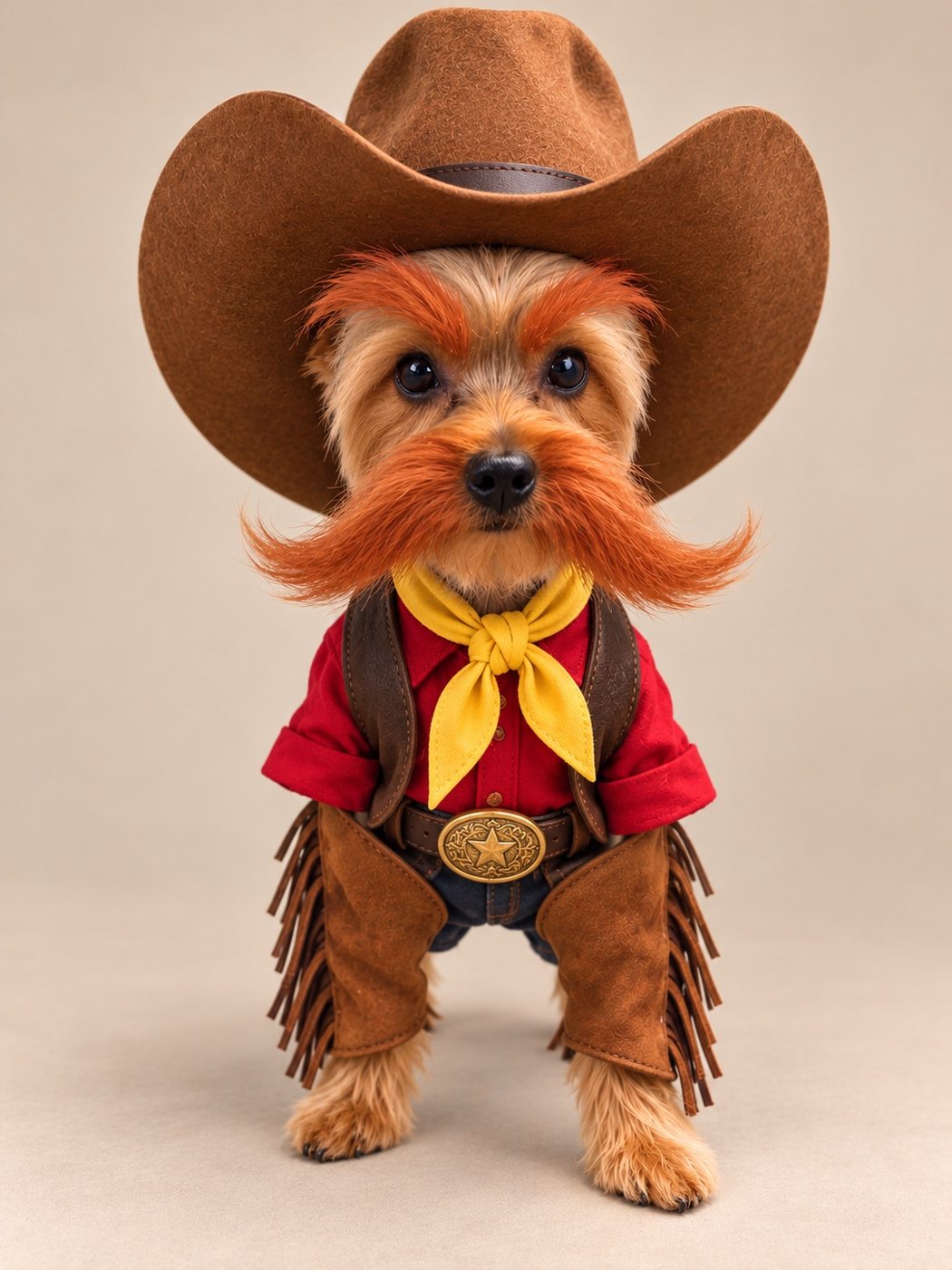 Yorkie dressed as a little cowboy