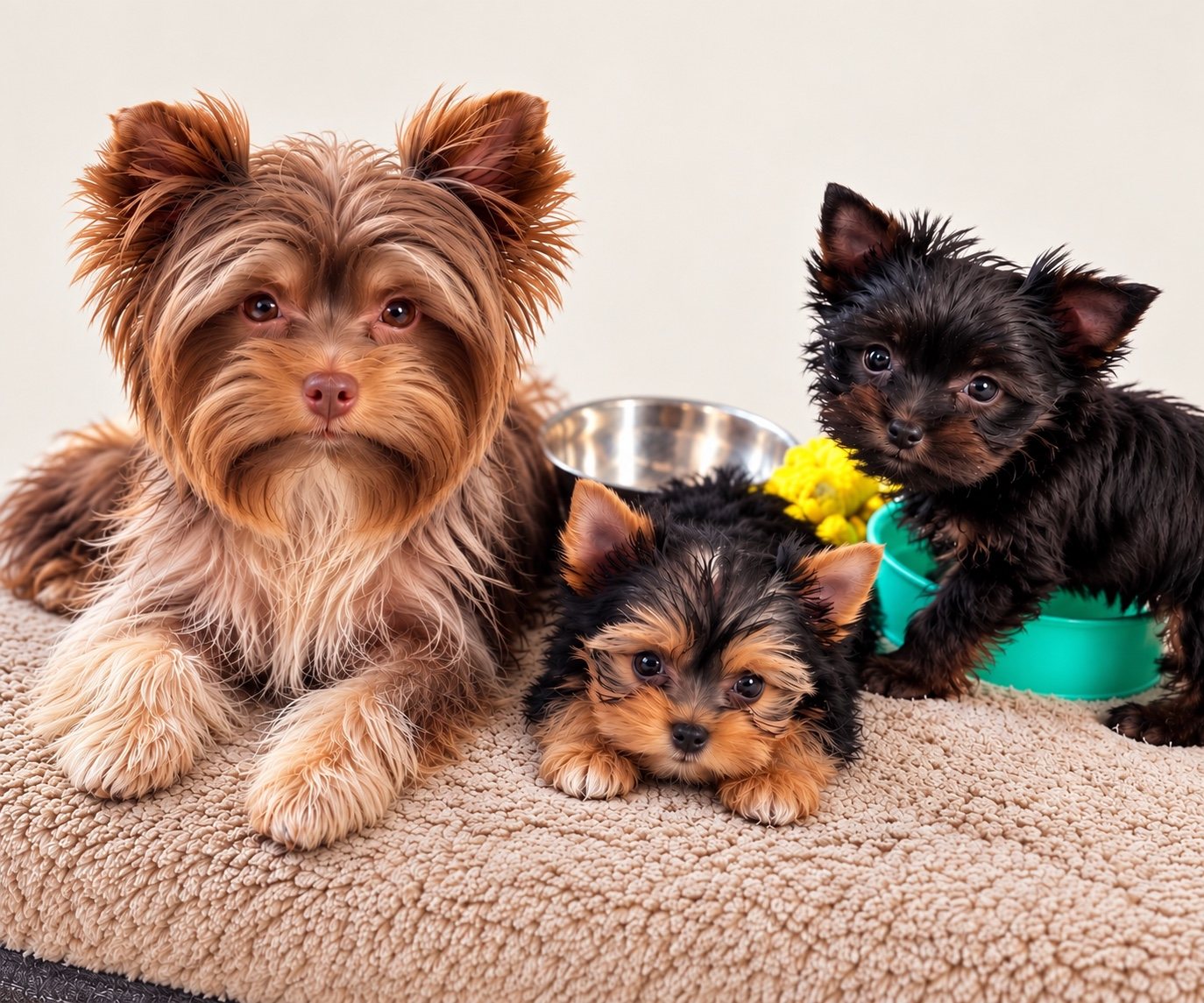 Yorkie family with two puppies on a cozy blanket