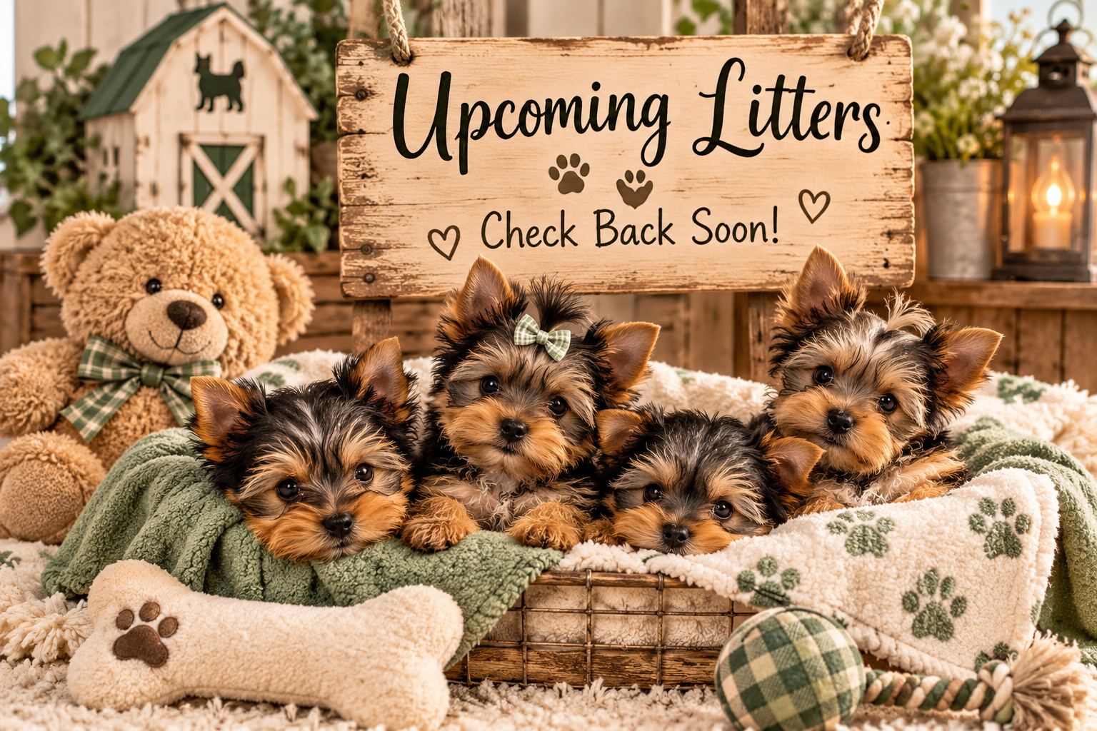 Upcoming Litters — Check Back Soon nursery scene with Yorkie puppies